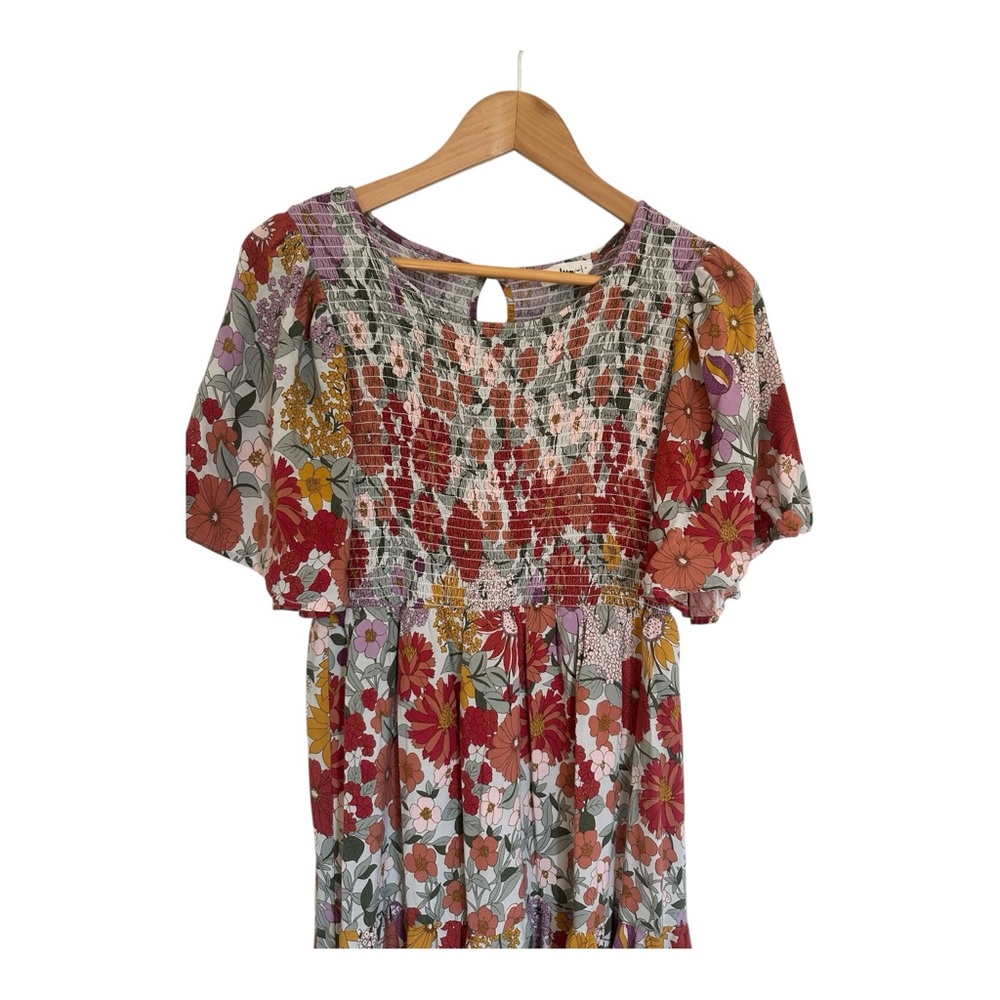 In Loom Tiered Smock Floral Multicolor Maxi Dress L - Picture 3 of 4
